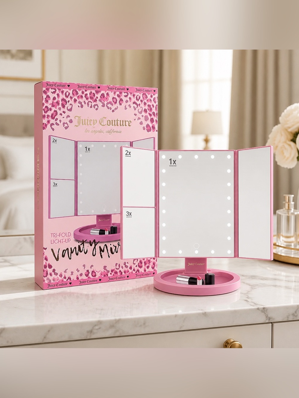 Juicy Couture Pink Tri-Fold Vanity Mirror with Makeup Tray